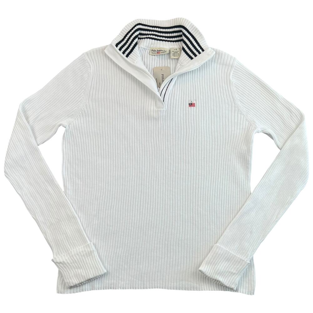 NWT Vintage Y2K Polo Jeans Co Ralph Lauren Ribbed Quarter Zip Sweater White L